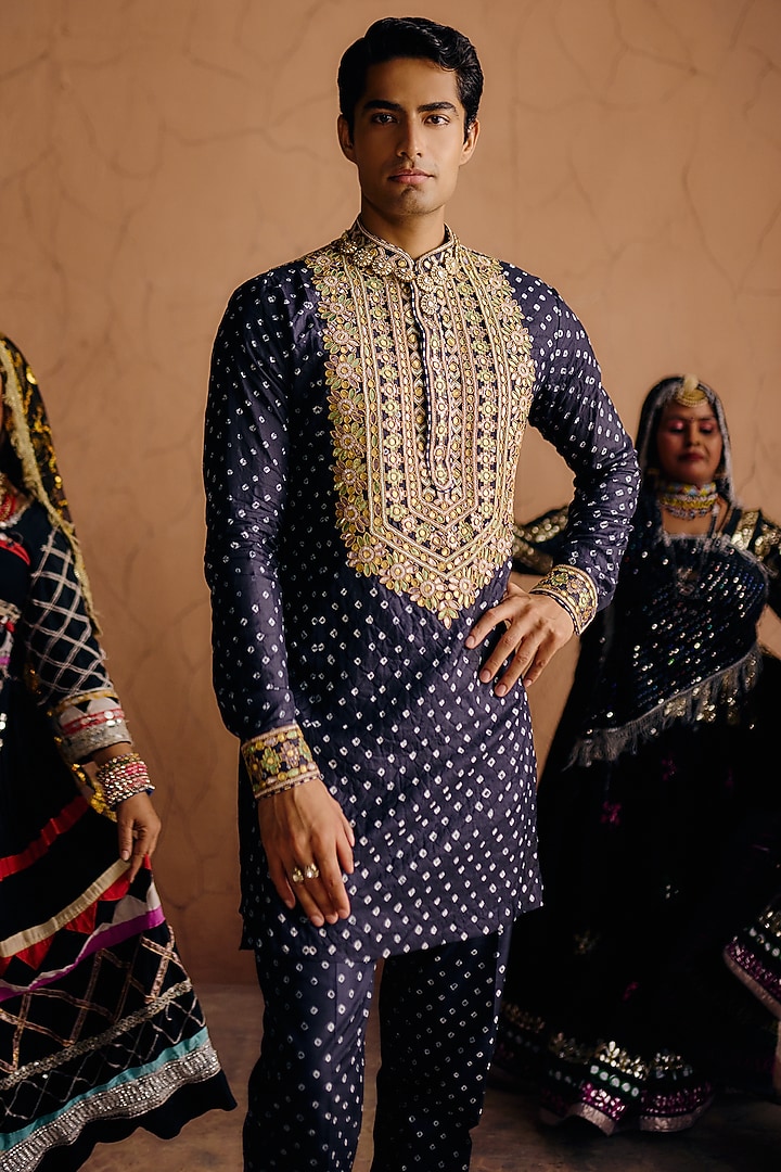Midnight Blue Habutai Silk Sequins Embroidered Kurta Set by Amaare at Pernia's Pop Up Shop