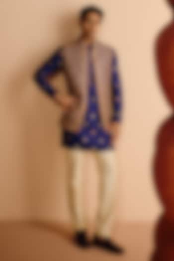 Navy Blue Raw Silk Sequins Embroidered Nehru Jacket Set by Amaare at Pernia's Pop Up Shop