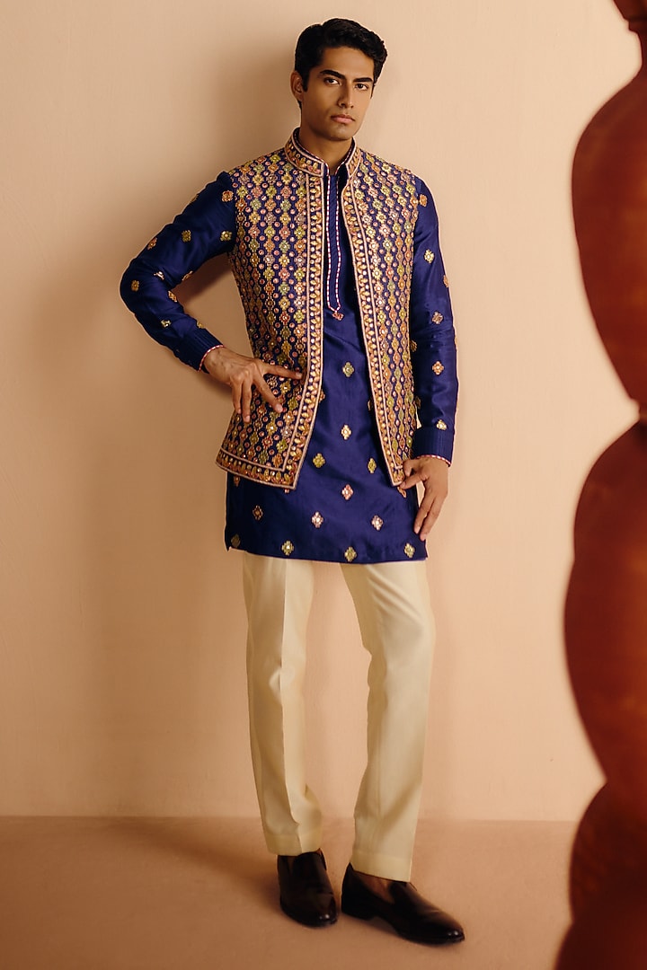 Navy Blue Raw Silk Sequins Embroidered Nehru Jacket Set by Amaare at Pernia's Pop Up Shop