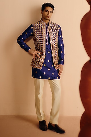 Navy Blue Raw Silk Sequins Embroidered Nehru Jacket Set by Amaare