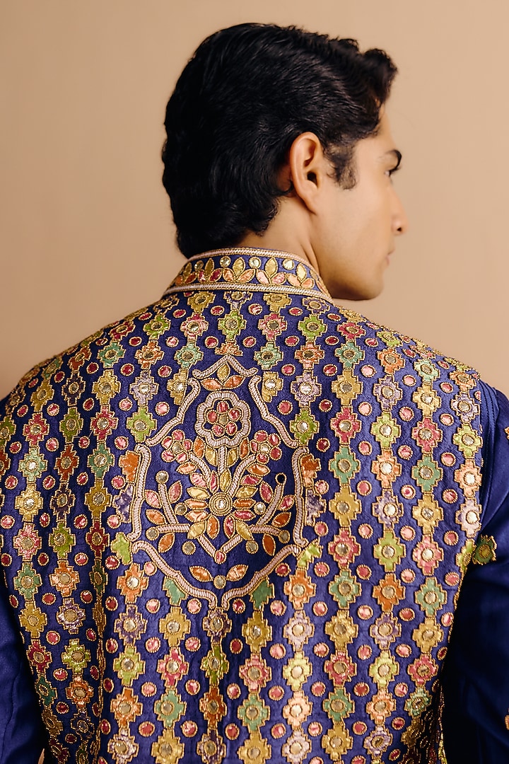 Navy Blue Raw Silk Sequins Embroidered Nehru Jacket Set by Amaare at Pernia's Pop Up Shop
