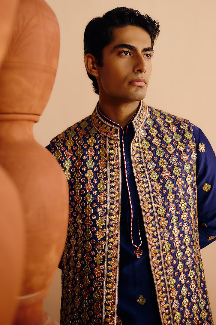 Navy Blue Raw Silk Sequins Embroidered Nehru Jacket Set by Amaare at Pernia's Pop Up Shop
