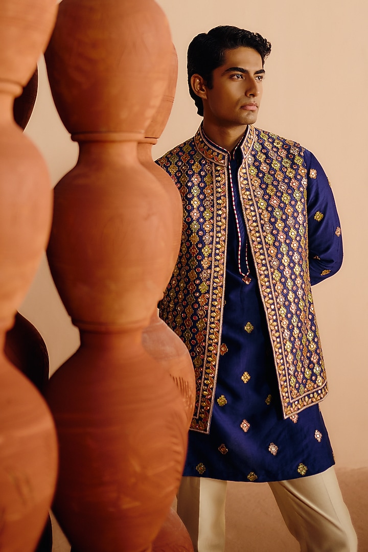 Navy Blue Raw Silk Sequins Embroidered Nehru Jacket Set by Amaare at Pernia's Pop Up Shop