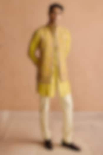 Mustard Yellow Raw Silk Sequins Embroidered Nehru Jacket Set by Amaare at Pernia's Pop Up Shop