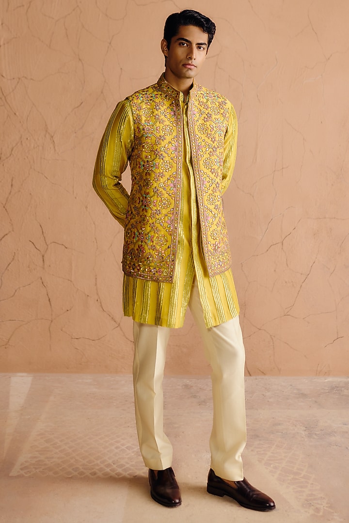 Mustard Yellow Raw Silk Sequins Embroidered Nehru Jacket Set by Amaare at Pernia's Pop Up Shop