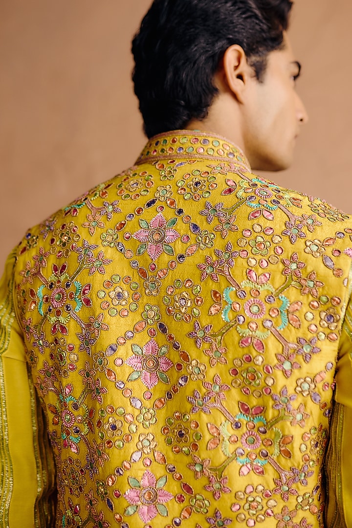 Mustard Yellow Raw Silk Sequins Embroidered Nehru Jacket Set by Amaare at Pernia's Pop Up Shop