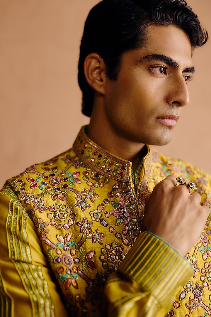 Mustard Yellow Raw Silk Sequins Embroidered Nehru Jacket Set by Amaare at Pernia's Pop Up Shop