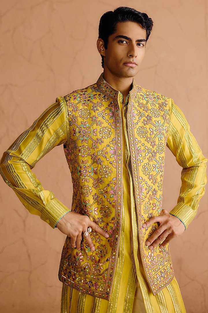 Mustard Yellow Raw Silk Sequins Embroidered Nehru Jacket Set by Amaare at Pernia's Pop Up Shop