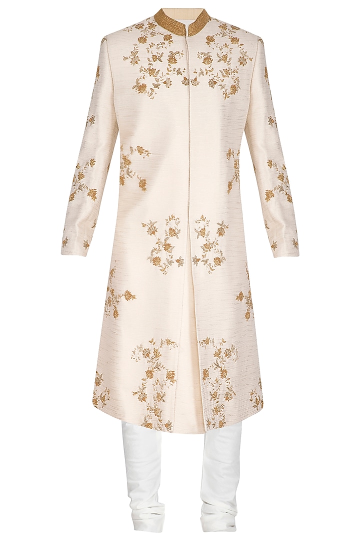 Ivory Floral Embroidered Sherwani Set by Amaare