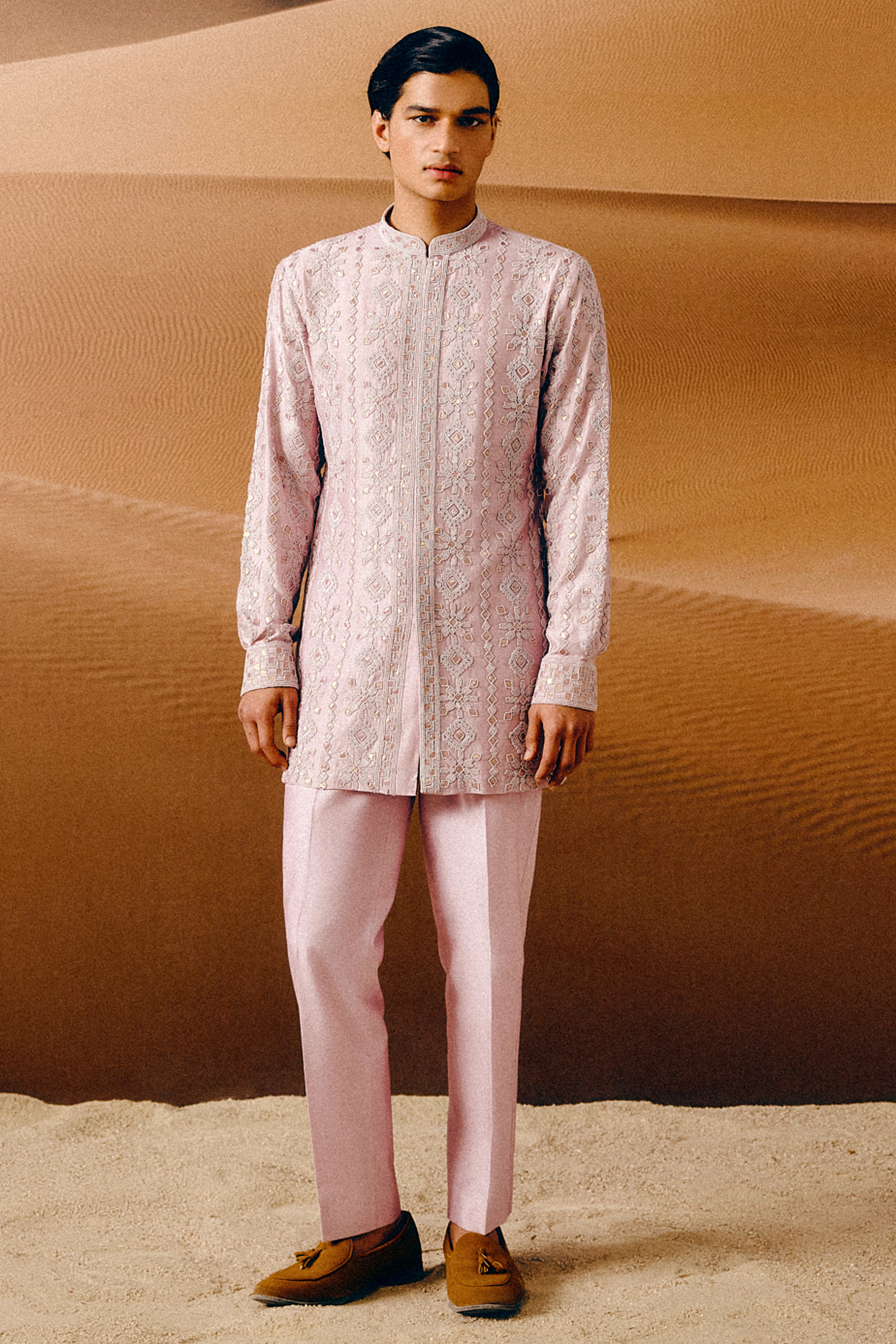 Lilac Cotton Silk Blend Gota Patti Hand Embroidered Kurta Set by Amaare