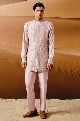Lilac Cotton Silk Blend Gota Patti Hand Embroidered Kurta Set by Amaare