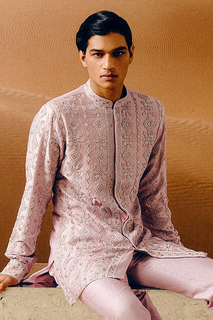 Lilac Cotton Silk Blend Gota Patti Hand Embroidered Kurta Set by Amaare at Pernia's Pop Up Shop