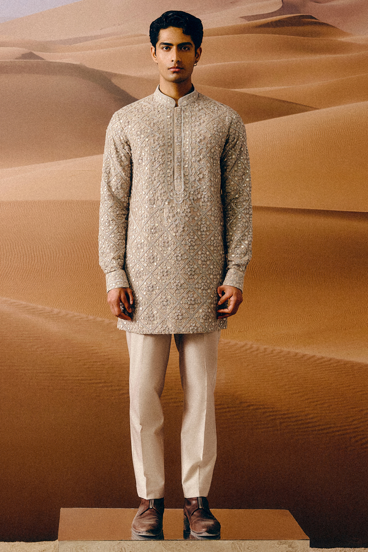 Mouse Grey Chanderi Gota Pati Hand Embroidered Kurta Set by Amaare