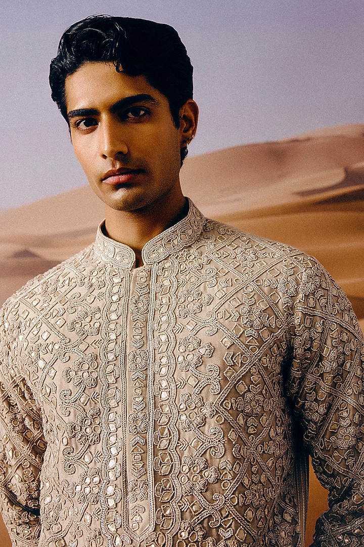 Mouse Grey Chanderi Gota Pati Hand Embroidered Kurta Set by Amaare at Pernia's Pop Up Shop