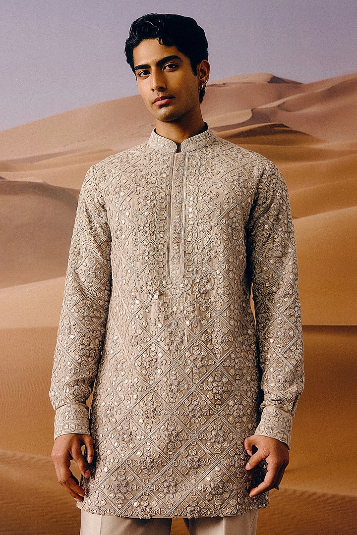 Mouse Grey Chanderi Gota Pati Hand Embroidered Kurta Set by Amaare at Pernia's Pop Up Shop