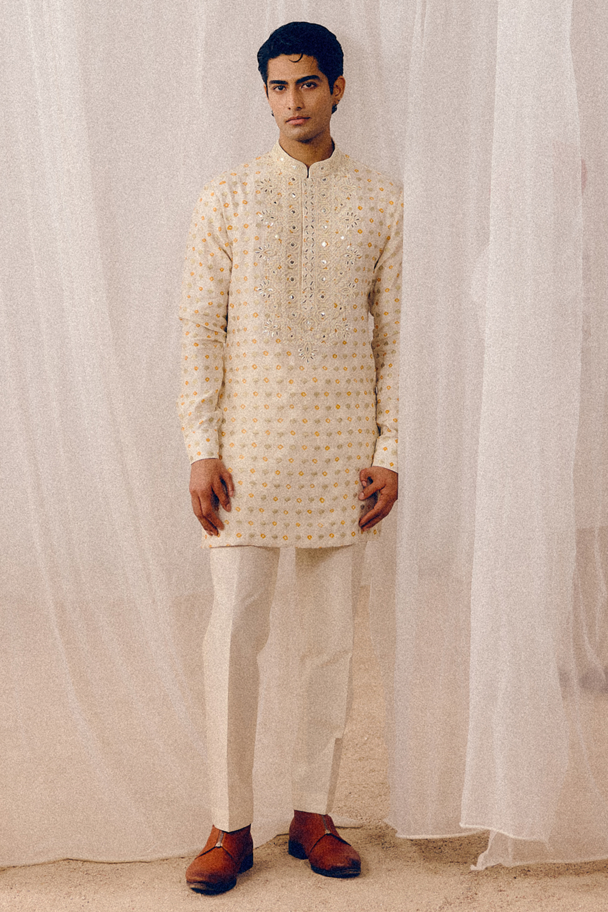 Creamy Beige Dobby Silk Gota Patti Hand Embroidered Kurta Set by Amaare