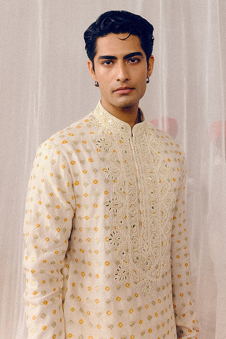 Creamy Beige Dobby Silk Gota Patti Hand Embroidered Kurta Set by Amaare at Pernia's Pop Up Shop