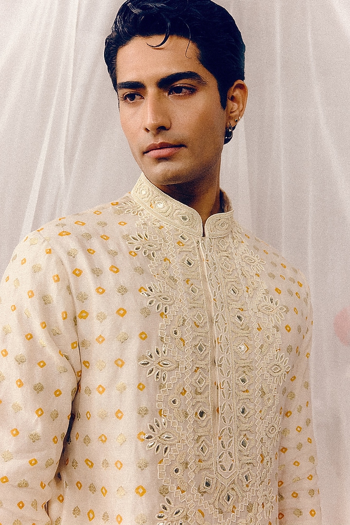 Creamy Beige Dobby Silk Gota Patti Hand Embroidered Kurta Set by Amaare at Pernia's Pop Up Shop