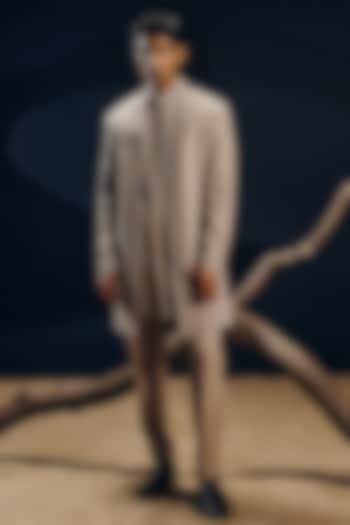 Mouse Grey Silk Wool Blend Glass Beads Hand Embroidered Achkan Set by Amaare at Pernia's Pop Up Shop