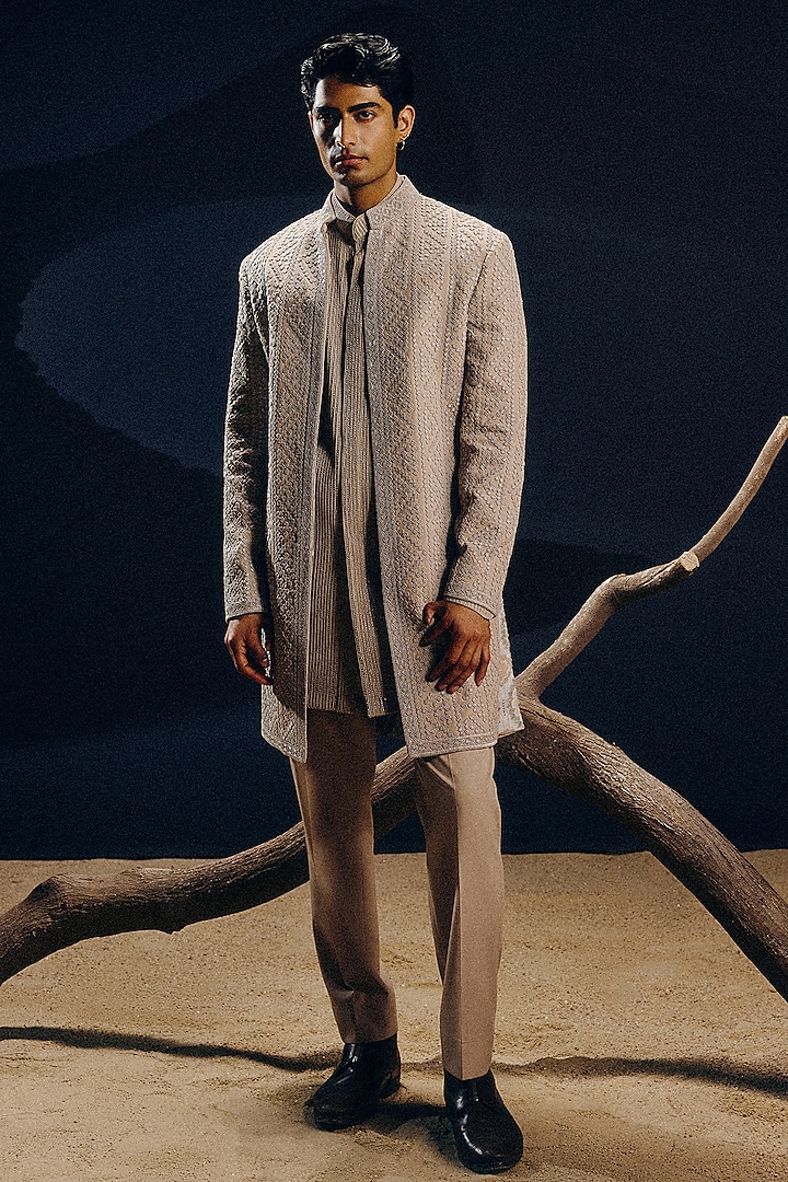 Mouse Grey Silk Wool Blend Glass Beads Hand Embroidered Achkan Set by Amaare at Pernia's Pop Up Shop