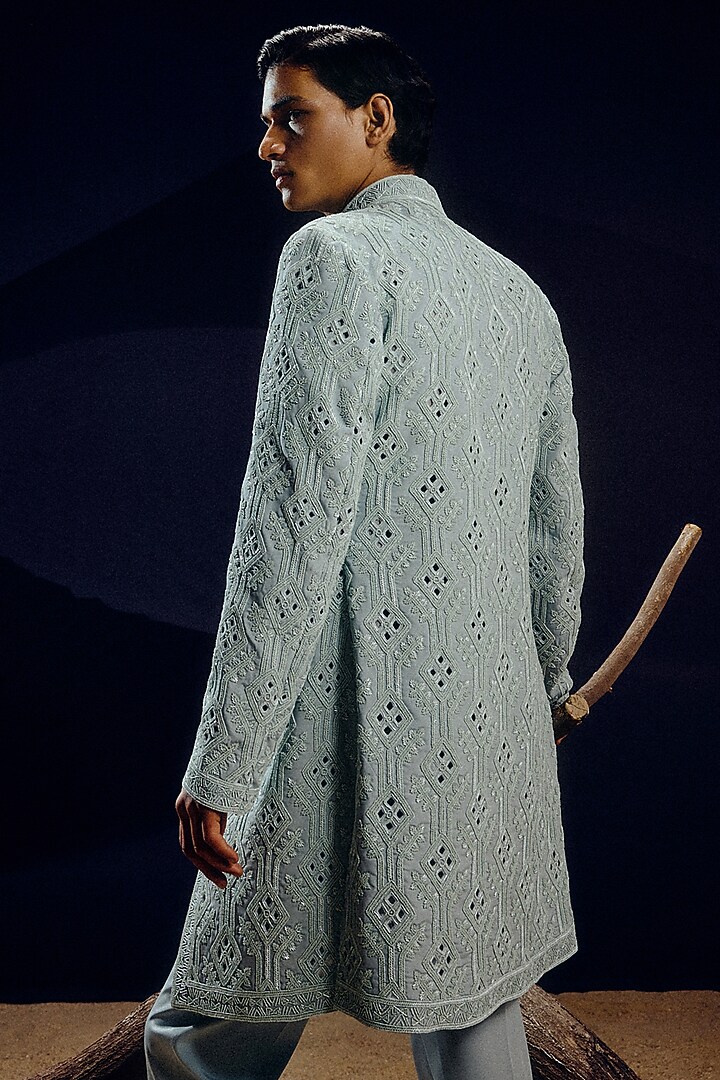 Ice Blue Silk Wool Blend & Organza Glass Bead Hand Embroidered Achkan Set by Amaare at Pernia's Pop Up Shop