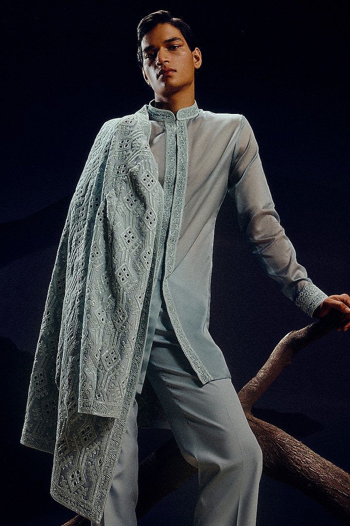 Ice Blue Silk Wool Blend & Organza Glass Bead Hand Embroidered Achkan Set by Amaare at Pernia's Pop Up Shop