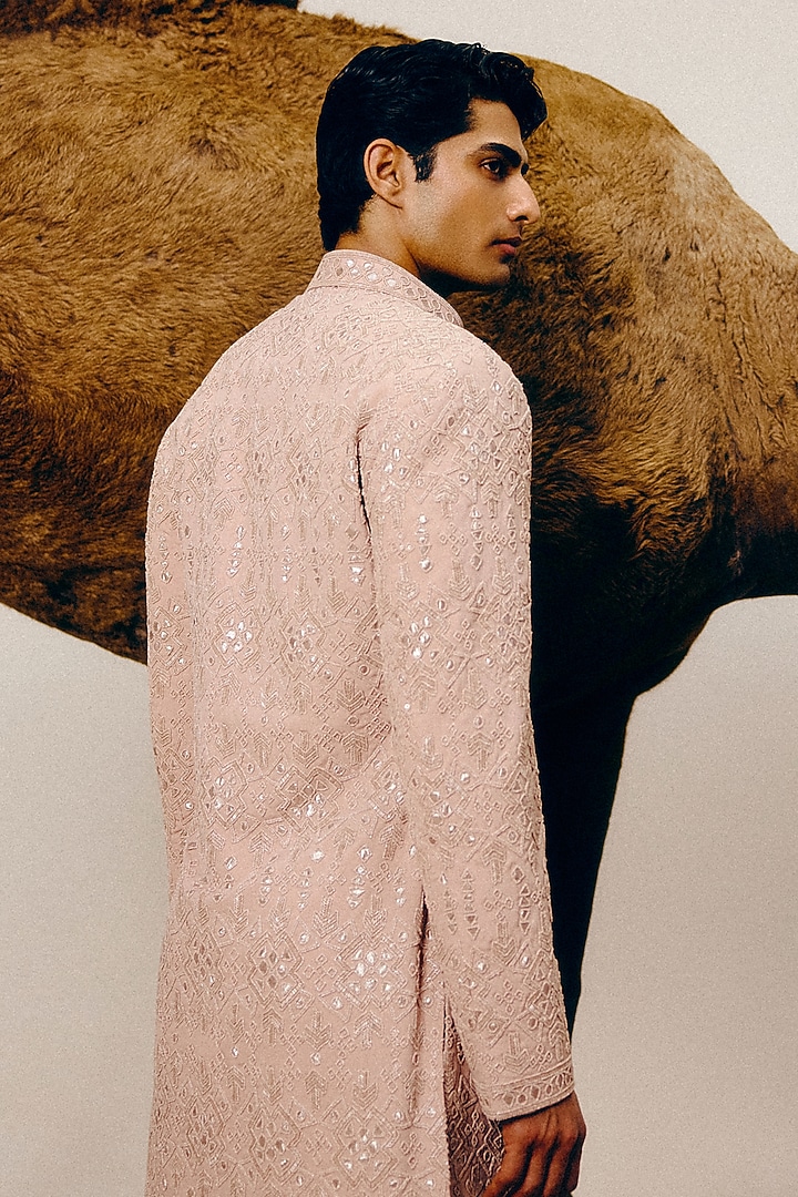 Rose Pink Grey Silk Wool Blend Glass Beads Hand Embroidered Achkan Set by Amaare at Pernia's Pop Up Shop