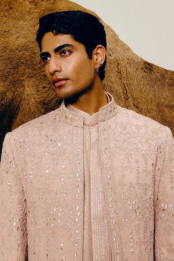 Rose Pink Grey Silk Wool Blend Glass Beads Hand Embroidered Achkan Set by Amaare at Pernia's Pop Up Shop