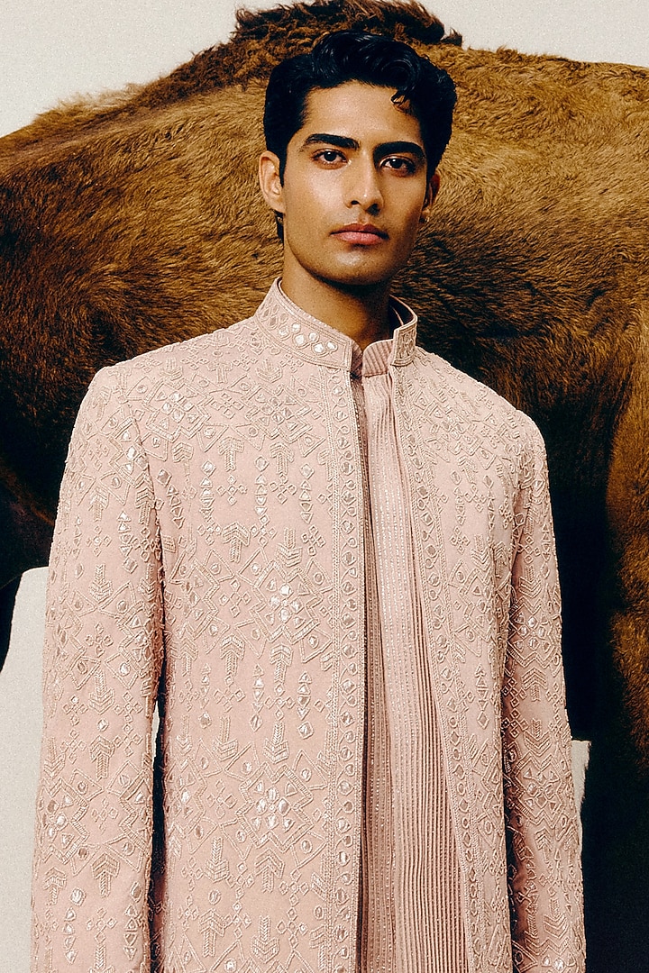 Rose Pink Grey Silk Wool Blend Glass Beads Hand Embroidered Achkan Set by Amaare at Pernia's Pop Up Shop