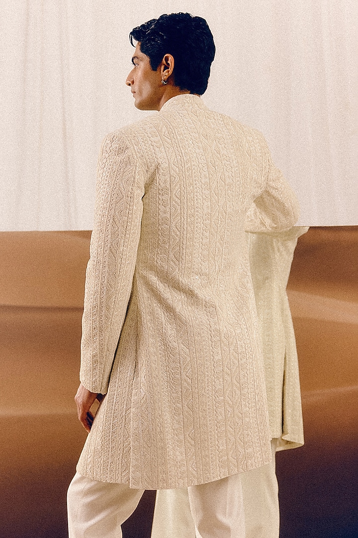 Ivory Silk Wool Blend Sequins Embroidered Achkan Set by Amaare at Pernia's Pop Up Shop