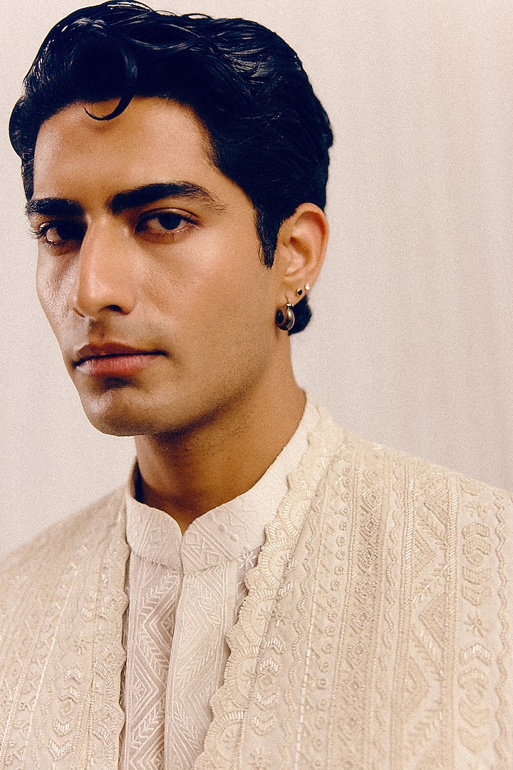 Ivory Silk Wool Blend Sequins Embroidered Achkan Set by Amaare at Pernia's Pop Up Shop