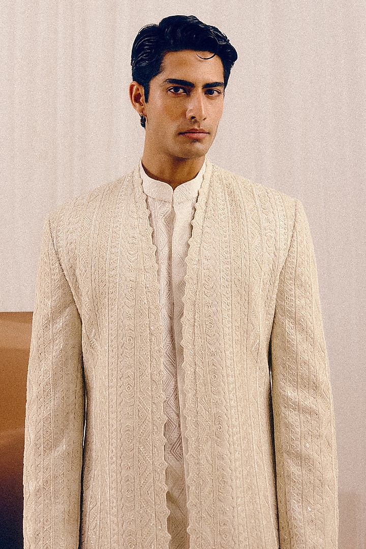 Ivory Silk Wool Blend Sequins Embroidered Achkan Set by Amaare at Pernia's Pop Up Shop