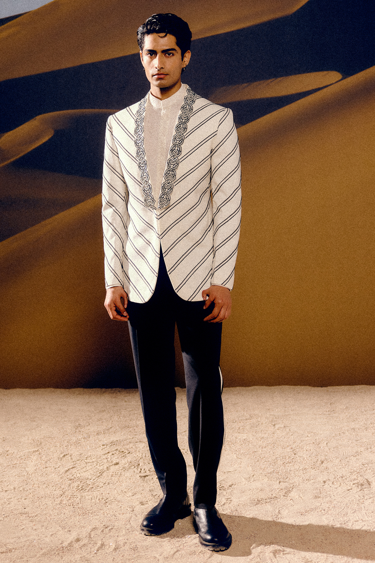 Ivory & Black Silk Wool Blend Glass Bead Hand Embroidered Tuxedo Set by Amaare