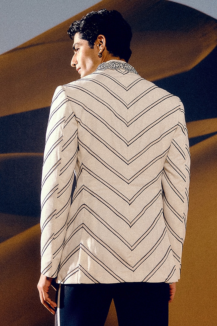 Ivory & Black Silk Wool Blend Glass Bead Hand Embroidered Tuxedo Set by Amaare at Pernia's Pop Up Shop