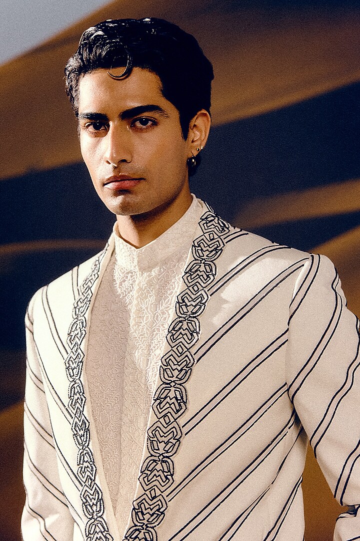 Ivory & Black Silk Wool Blend Glass Bead Hand Embroidered Tuxedo Set by Amaare at Pernia's Pop Up Shop