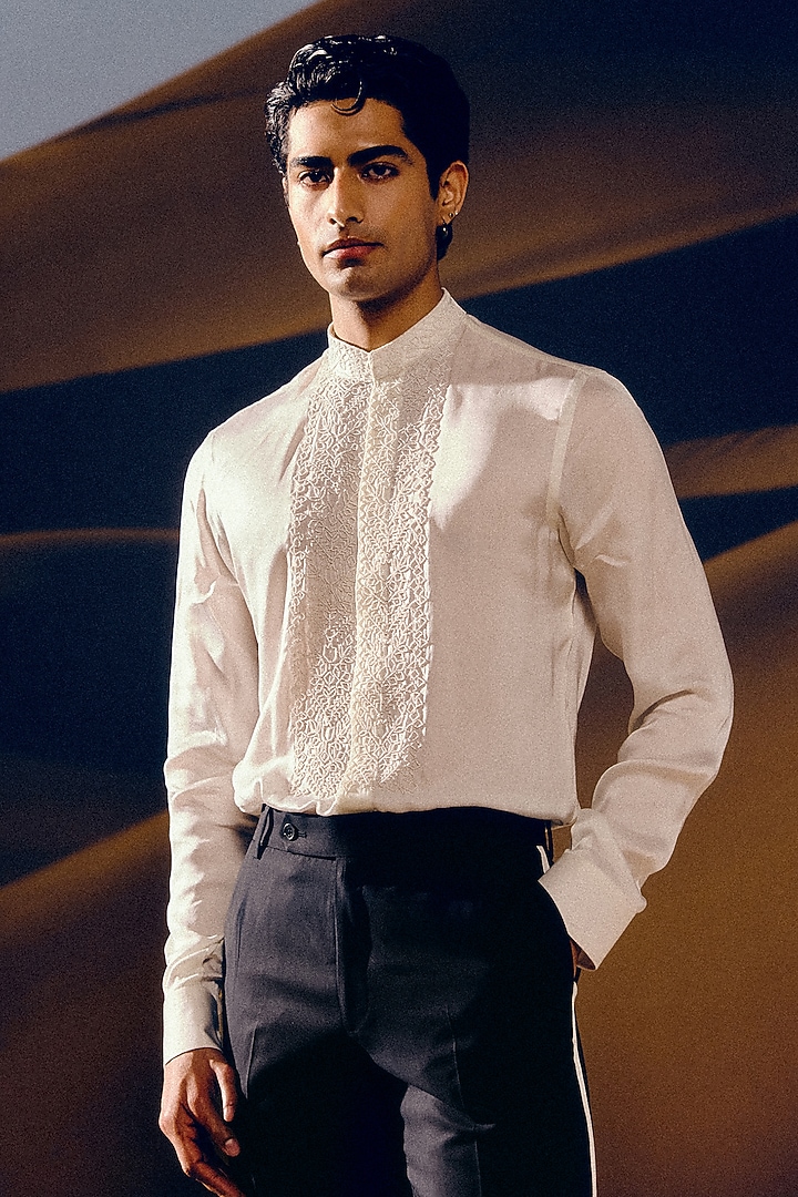 Ivory & Black Silk Wool Blend Glass Bead Hand Embroidered Tuxedo Set by Amaare at Pernia's Pop Up Shop
