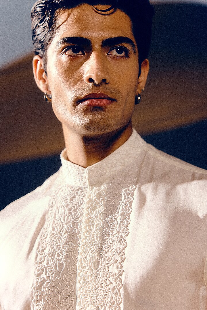 Ivory & Black Silk Wool Blend Glass Bead Hand Embroidered Tuxedo Set by Amaare at Pernia's Pop Up Shop