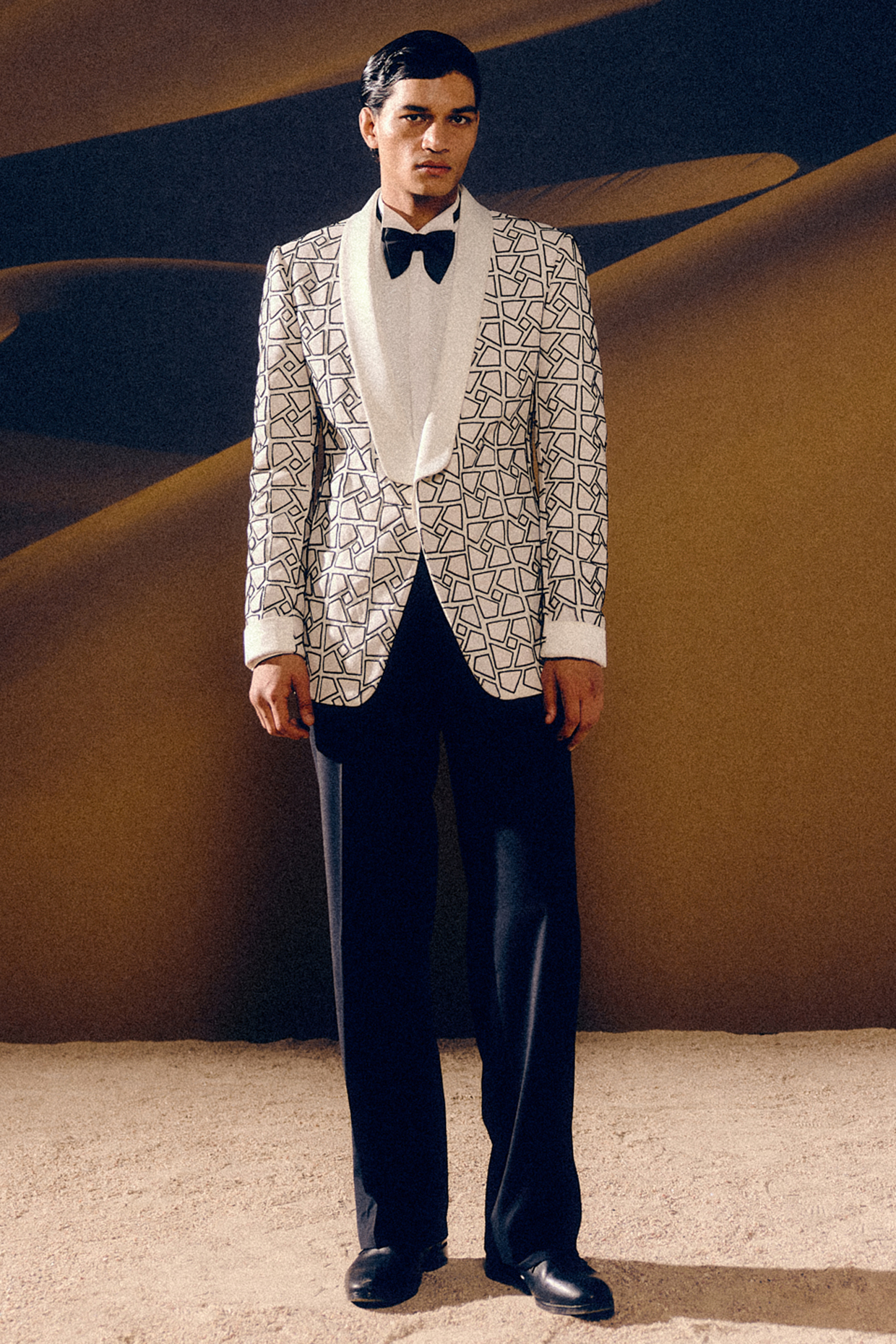 Ivory & Black Silk Wool Blend Glass Bead Hand Embroidered Tuxedo Set by Amaare