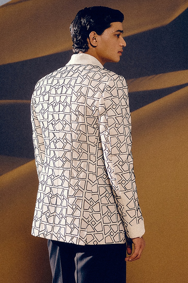 Ivory & Black Silk Wool Blend Glass Bead Hand Embroidered Tuxedo Set by Amaare at Pernia's Pop Up Shop