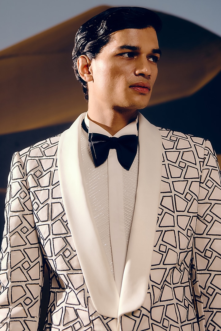 Ivory & Black Silk Wool Blend Glass Bead Hand Embroidered Tuxedo Set by Amaare at Pernia's Pop Up Shop