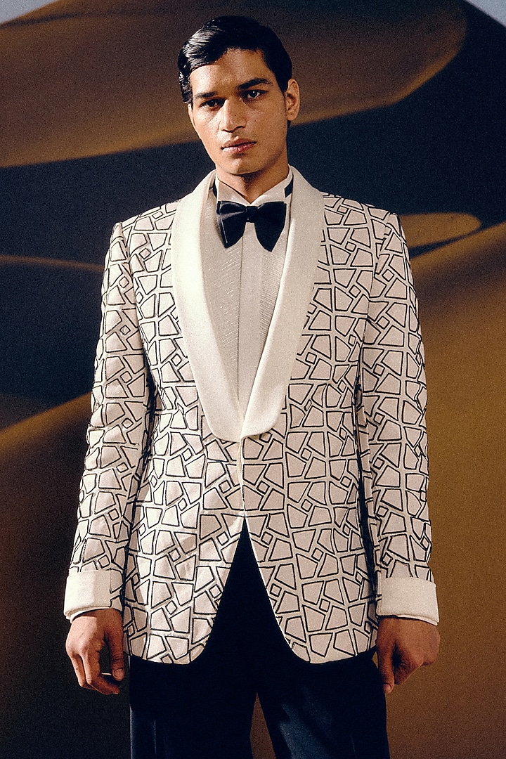 Ivory & Black Silk Wool Blend Glass Bead Hand Embroidered Tuxedo Set by Amaare at Pernia's Pop Up Shop