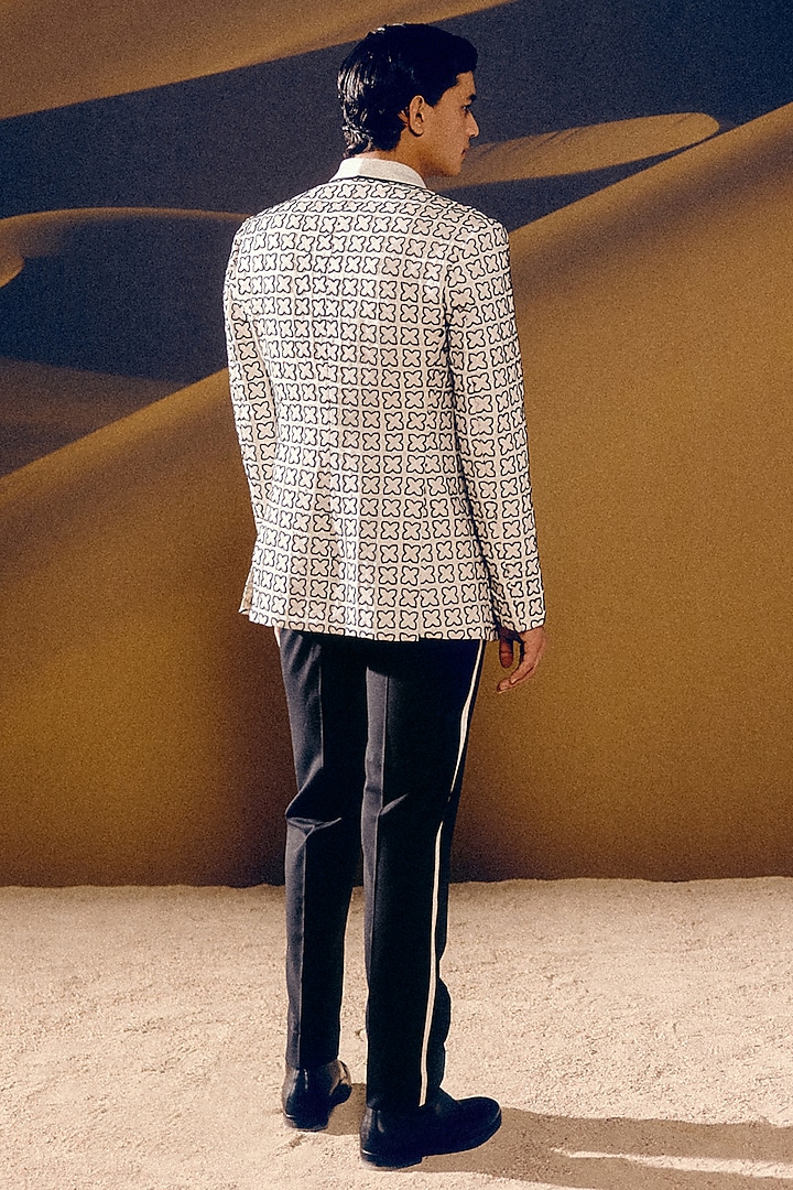 Ivory & Black Silk Wool Blend Glass Bead Hand Embroidered Tuxedo Set by Amaare at Pernia's Pop Up Shop
