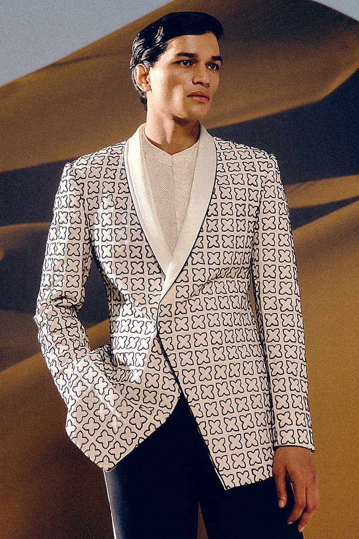 Ivory & Black Silk Wool Blend Glass Bead Hand Embroidered Tuxedo Set by Amaare at Pernia's Pop Up Shop