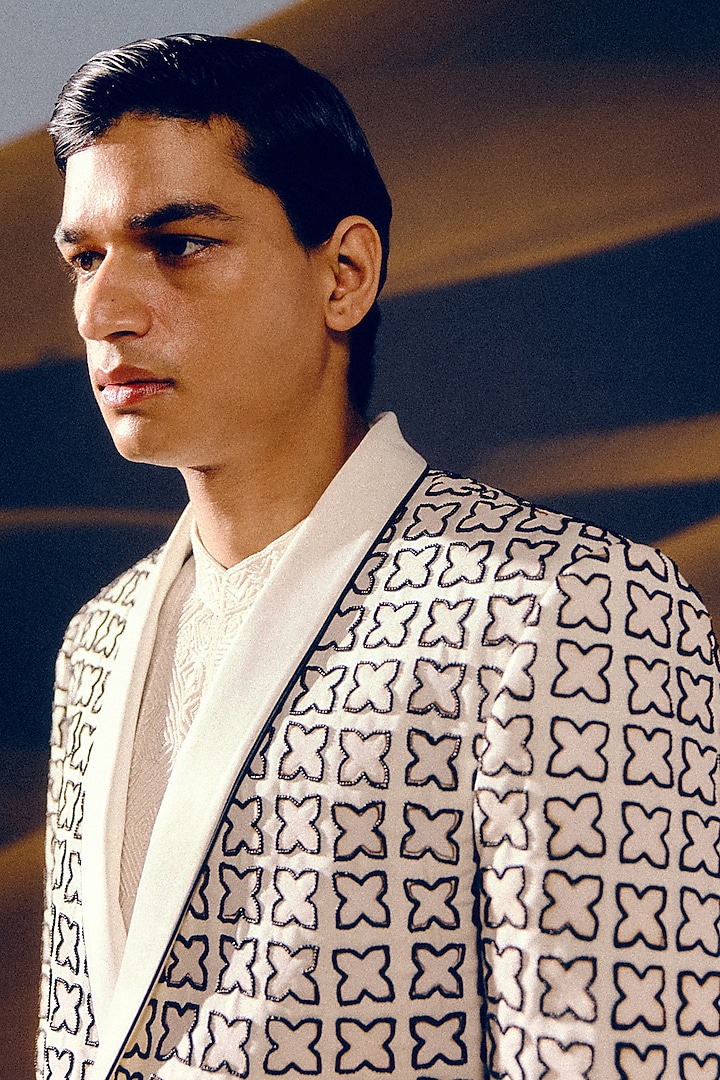Ivory & Black Silk Wool Blend Glass Bead Hand Embroidered Tuxedo Set by Amaare at Pernia's Pop Up Shop