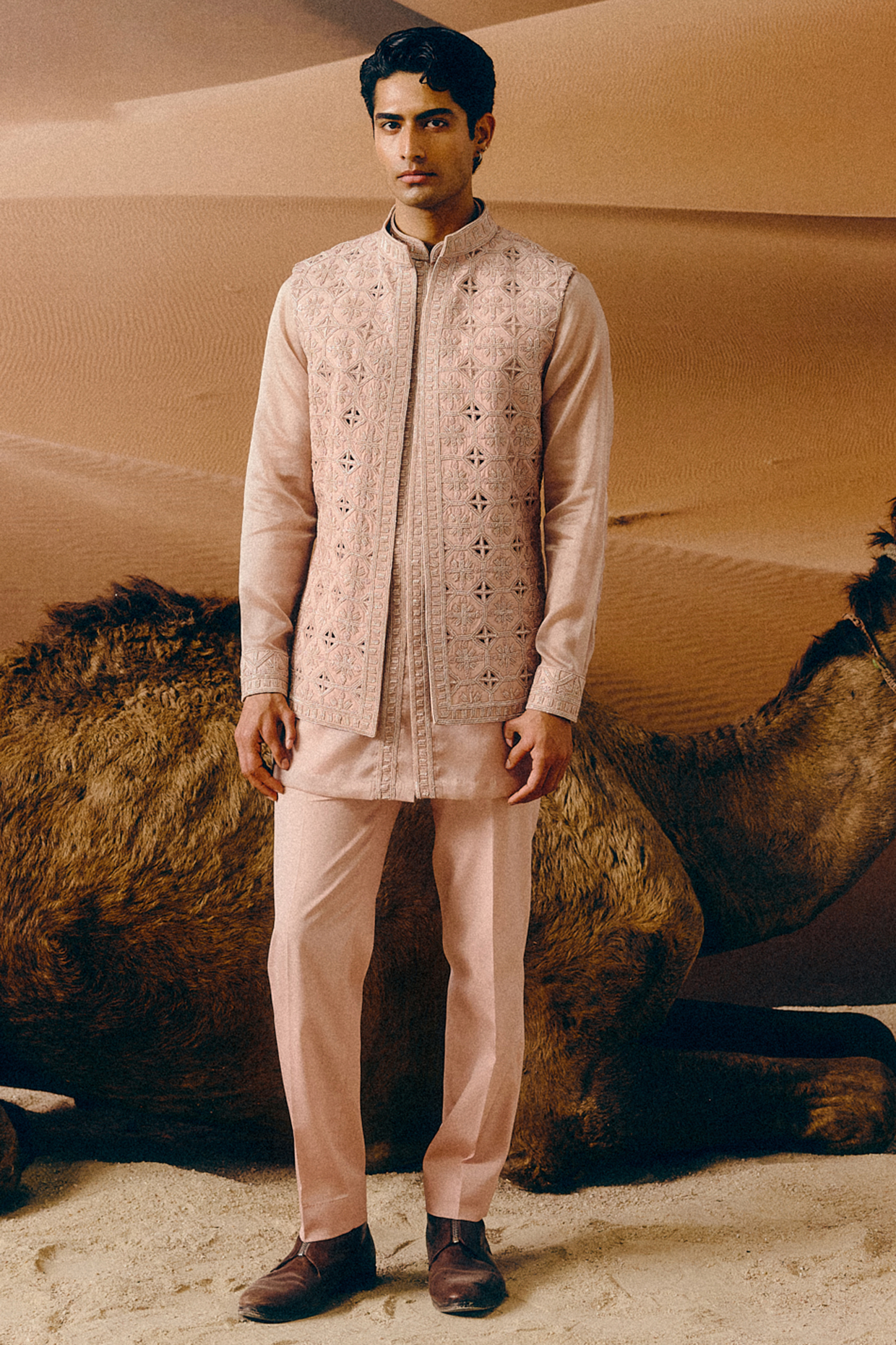 Rose Pink Silk Wool Blend & Organza Glass Bead Hand Embroidered Nehru Jacket Set by Amaare