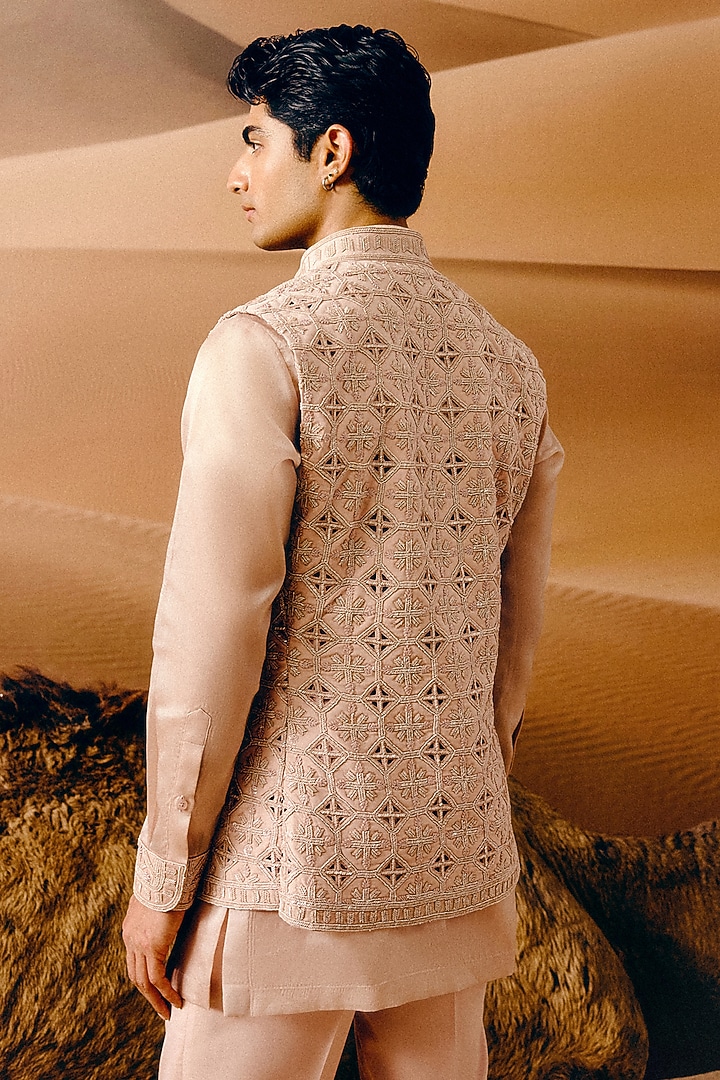 Rose Pink Silk Wool Blend & Organza Glass Bead Hand Embroidered Nehru Jacket Set by Amaare at Pernia's Pop Up Shop