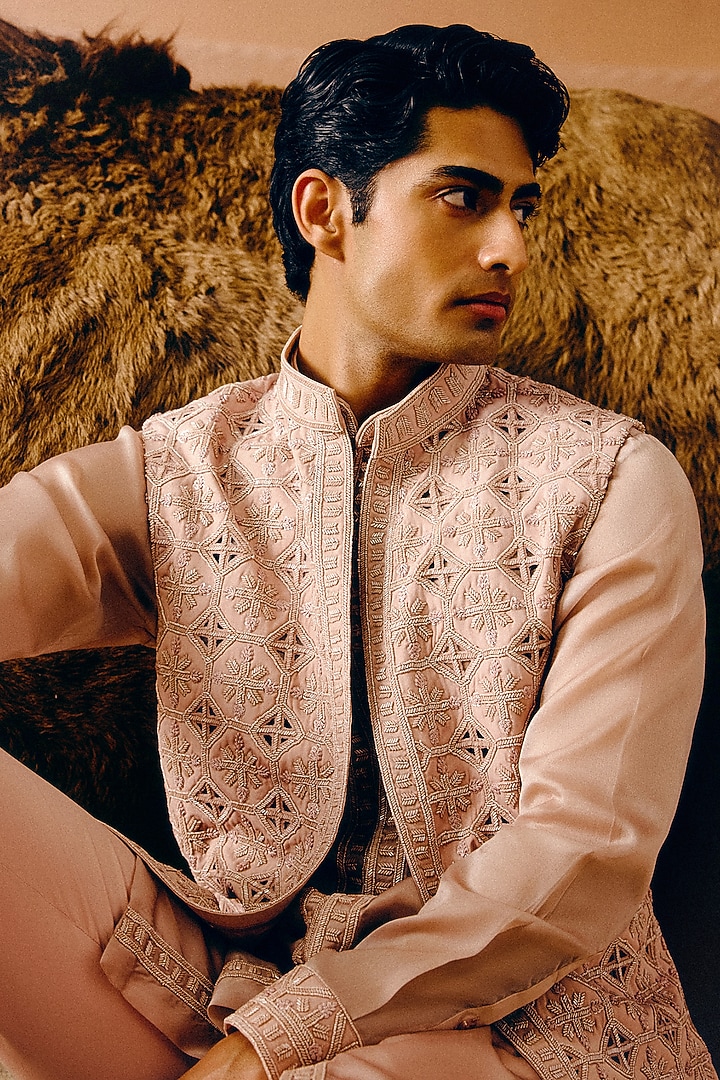 Rose Pink Silk Wool Blend & Organza Glass Bead Hand Embroidered Nehru Jacket Set by Amaare at Pernia's Pop Up Shop