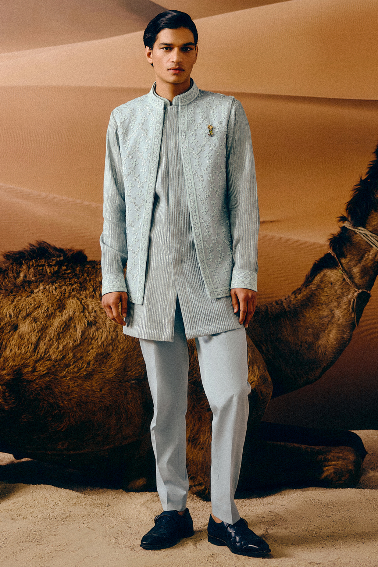 Ice Blue Silk Wool Blend Glass Bead Hand Embroidered Nehru Jacket Set by Amaare