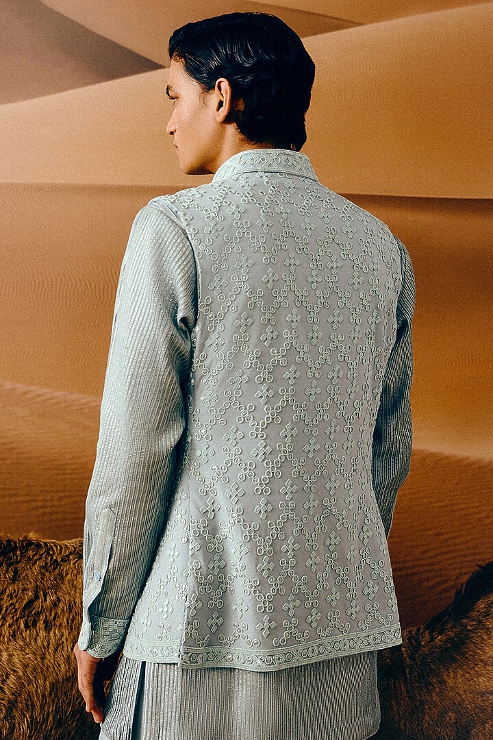 Ice Blue Silk Wool Blend Glass Bead Hand Embroidered Nehru Jacket Set by Amaare at Pernia's Pop Up Shop