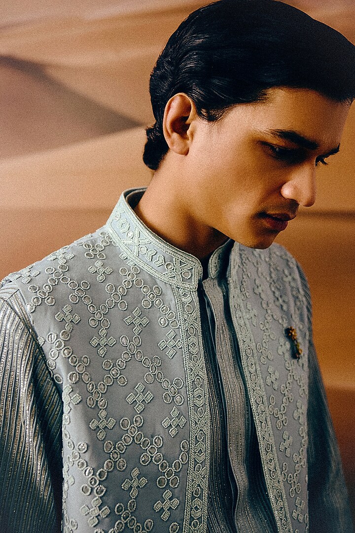 Ice Blue Silk Wool Blend Glass Bead Hand Embroidered Nehru Jacket Set by Amaare at Pernia's Pop Up Shop